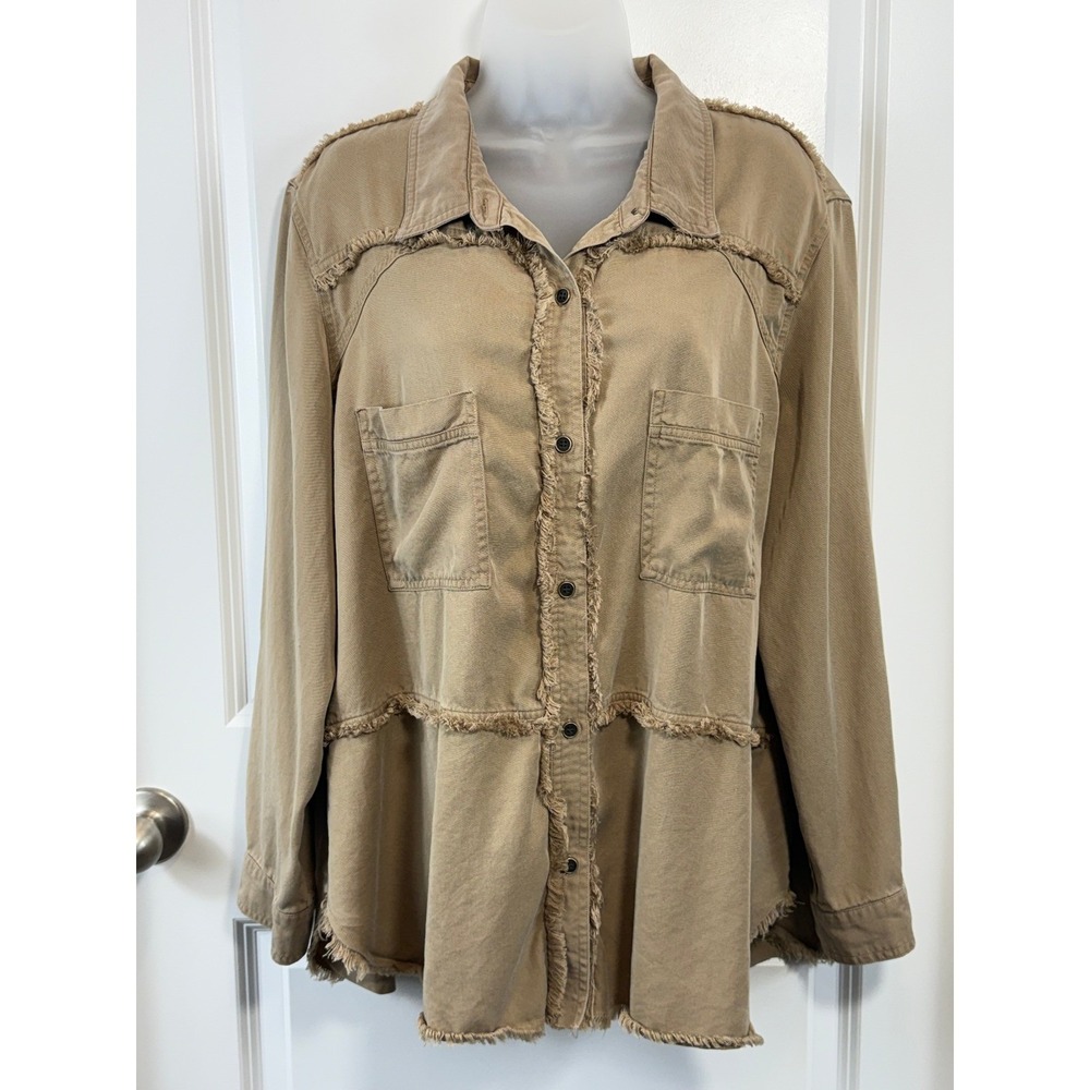 Multiples Womens XL‎ Tan Lyocell Frayed Trim Utility Button Down Shirt Shacket